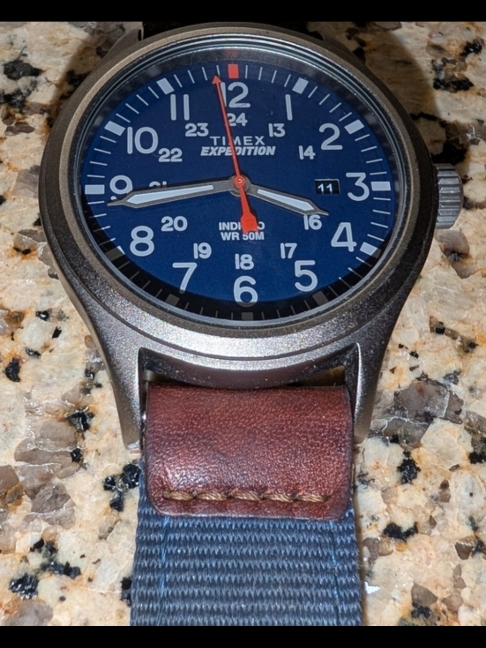 Timex Expedition Navy Dial Watch with Red Second Hand and Brown Strap Accent